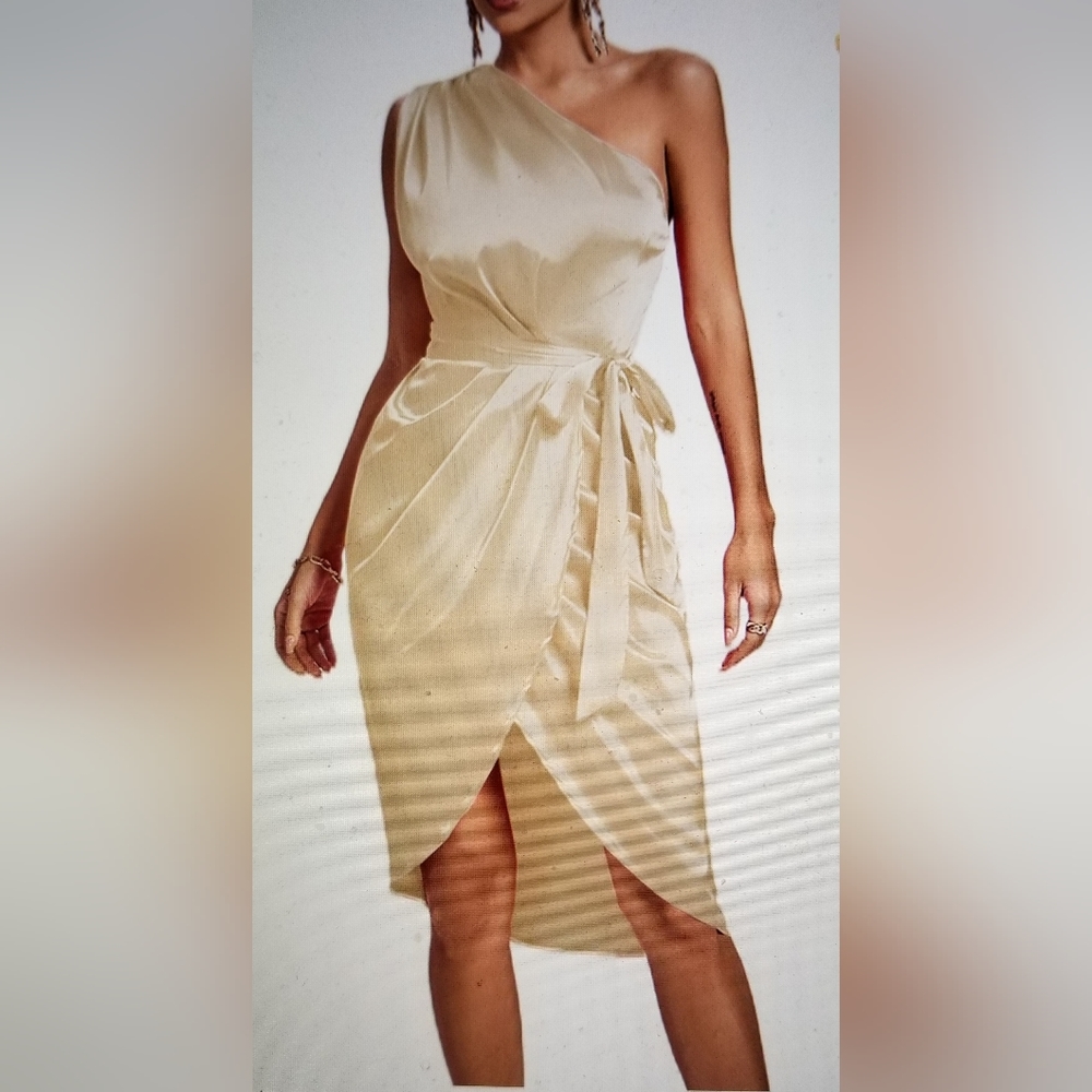 ELEGANT PARTY ONE SHOULDER RUCHED SPLIT WRAP HAM SLEEVELESS DRESS - Picture 2 of 12